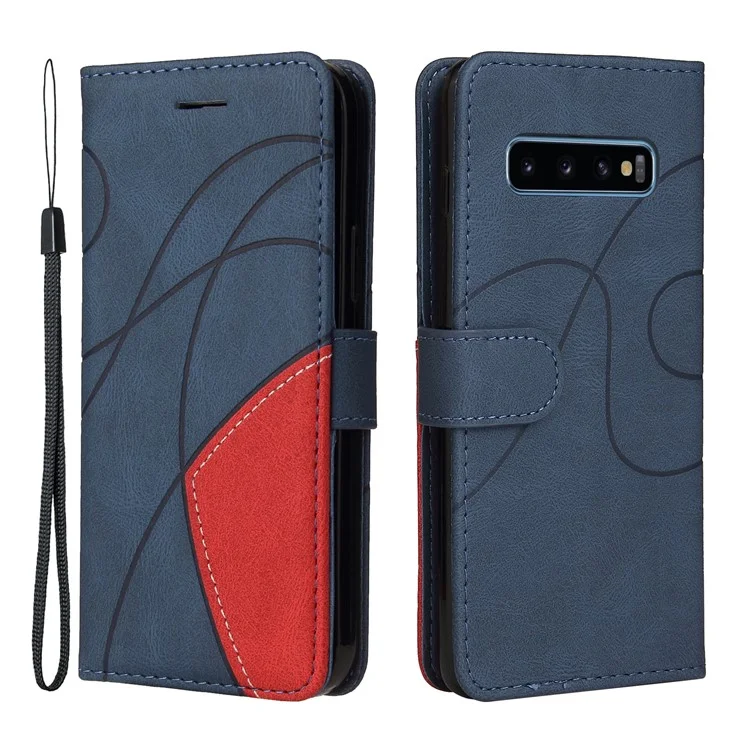 KT Leather Series-1 Bi-color Splicing Leather Case Stand Cover with Strap for Samsung Galaxy S10 - Blu