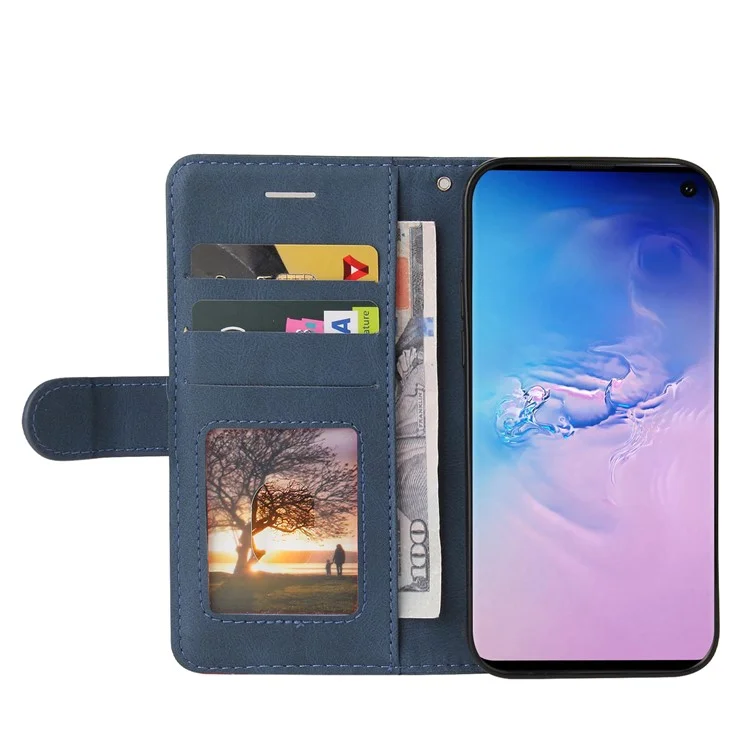 KT Leather Series-1 Bi-color Splicing Leather Case Stand Cover with Strap for Samsung Galaxy S10 - Blu