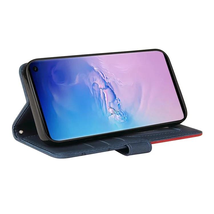 KT Leather Series-1 Bi-color Splicing Leather Case Stand Cover with Strap for Samsung Galaxy S10 - Blu