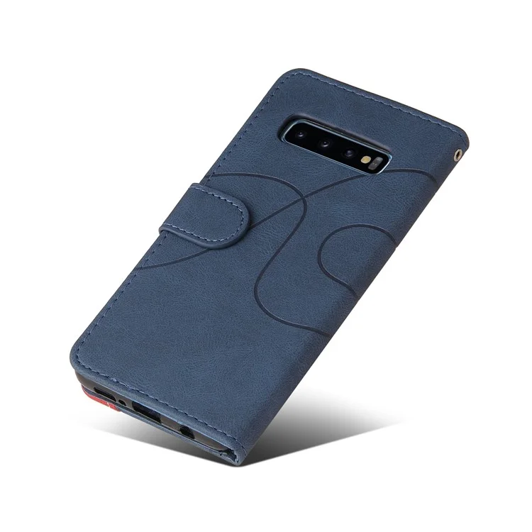 KT Leather Series-1 Bi-color Splicing Leather Case Stand Cover with Strap for Samsung Galaxy S10 - Blu