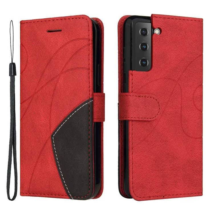 For Samsung Galaxy S21 FE Leather Case Wallet Stand Color Splicing Phone Cover - Red