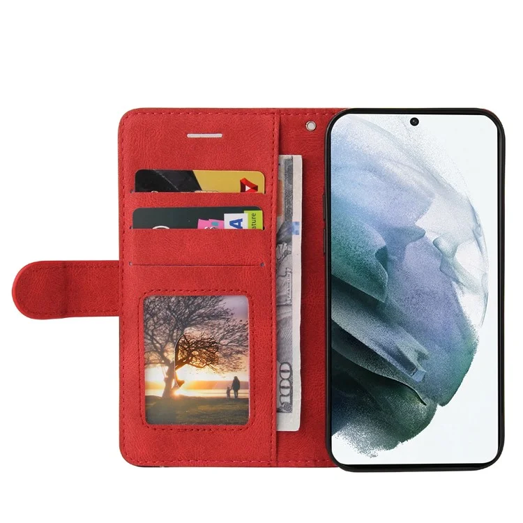 For Samsung Galaxy S21 FE Leather Case Wallet Stand Color Splicing Phone Cover - Red