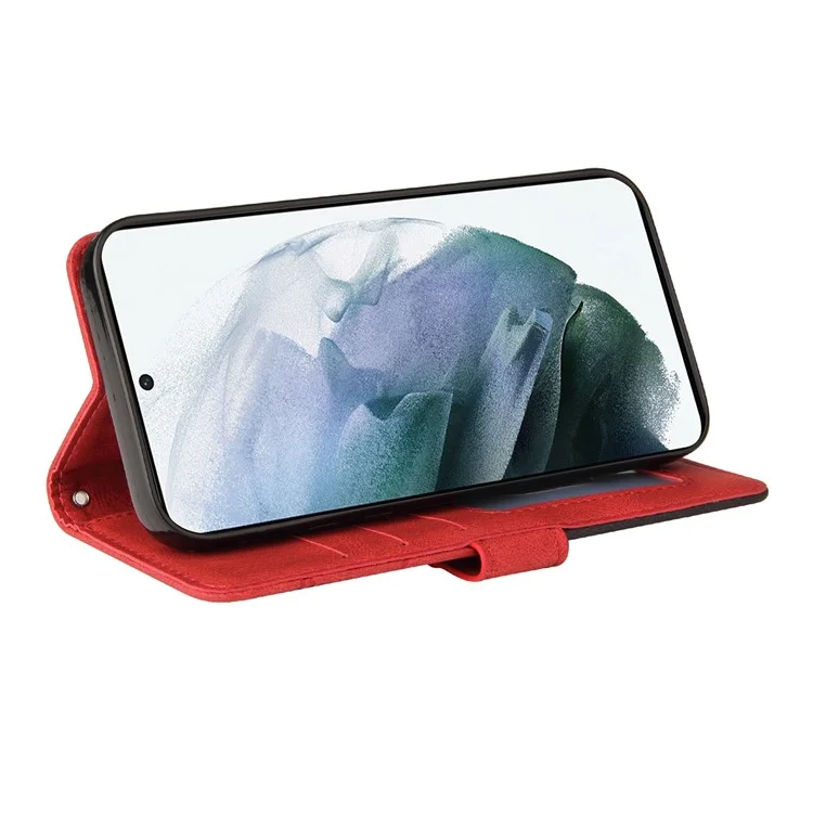 For Samsung Galaxy S21 FE Leather Case Wallet Stand Color Splicing Phone Cover - Red