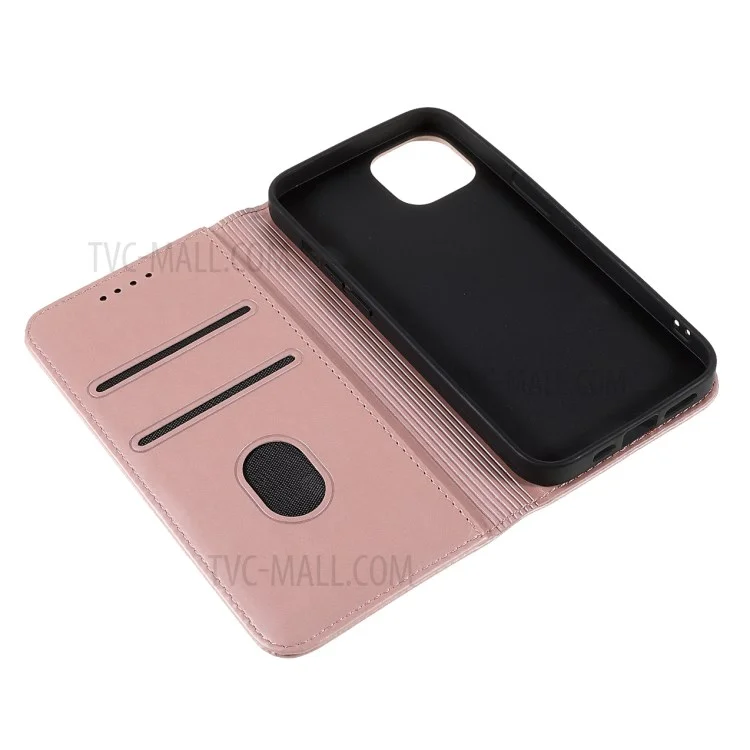 Skin-touch Feeling Kickstand Design PU Leather Wallet Case Phone Cover for iPhone 13 6.1 inch - Rose Gold