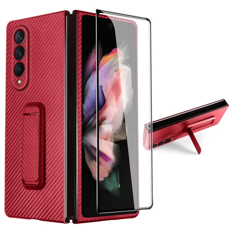 Per Samsung Galaxy Z Fold3 5G Anti-Scratch Reinforced Corner Phone Case PU Leather + PC Hybrid Defender Protective Shockproof Cover with Tempered Glass Screen Protector - Red