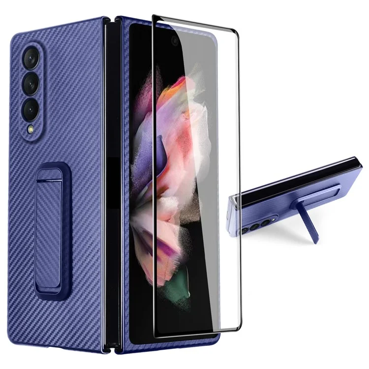 Für Samsung Galaxy Z Fold3 5G Anti-Scratch verstärkte Ecke Handyhülle PU-Leder + PC-Hybrid Verteidiger Stoßfeste Abdeckung mit gehärtetem Glas-Displayschutz - Blau