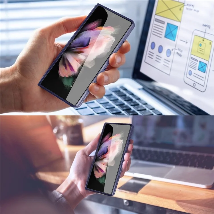 Für Samsung Galaxy Z Fold3 5G Anti-Scratch verstärkte Ecke Handyhülle PU-Leder + PC-Hybrid Verteidiger Stoßfeste Abdeckung mit gehärtetem Glas-Displayschutz - Blau