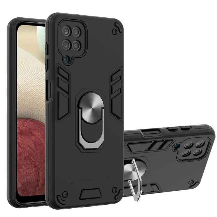Военный Сорта Мягкого TPU + PC Материал Гибридный Корпус Dual Layer Defender с Металлическим Держателем Кольца Kickstand Для Samsung Galaxy A12 - Черный