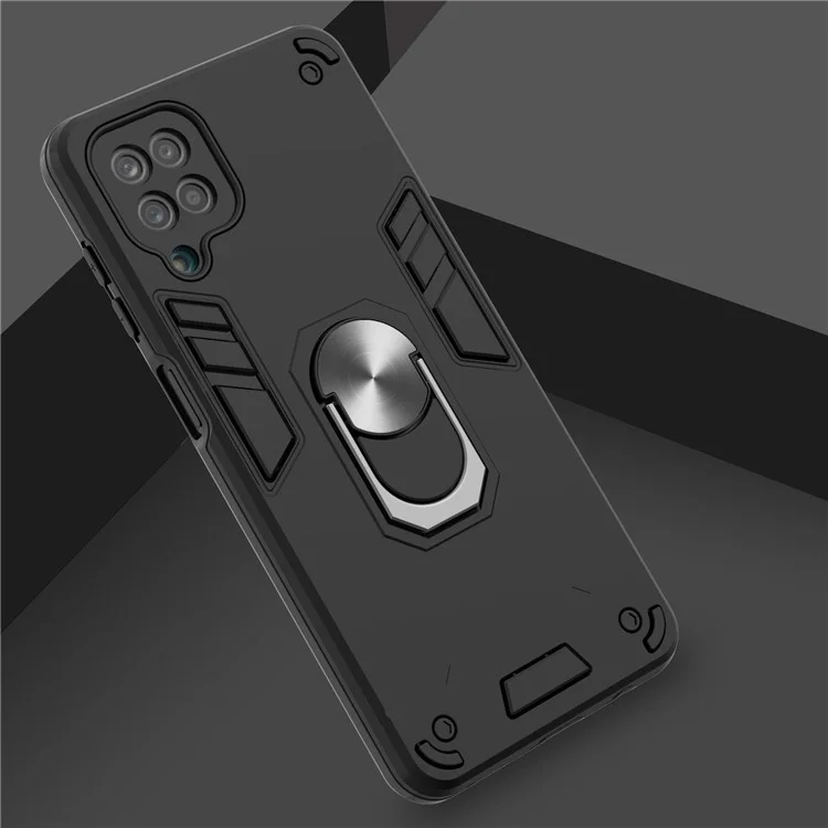 Military Grade Soft TPU + PC Material Hybrid Dual Layer Defender Case with Metal Rotating Ring Holder Kickstand for Samsung Galaxy A12 - Black