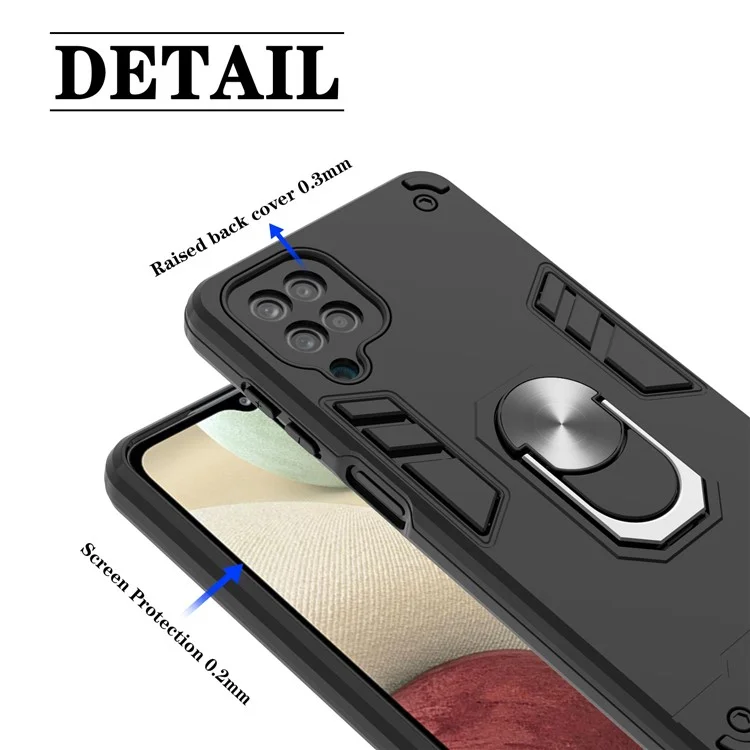 Military Grade Soft TPU + PC Material Hybrid Dual Layer Defender Case with Metal Rotating Ring Holder Kickstand for Samsung Galaxy A12 - Black