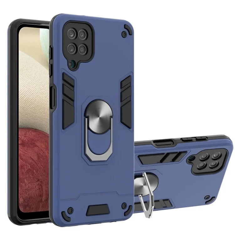 Military Grad Soft TPU + PC Material Hybrid Dual Layer Defender -hülle Mit Metallringhalter Für Samsung Galaxy A12 - Blau