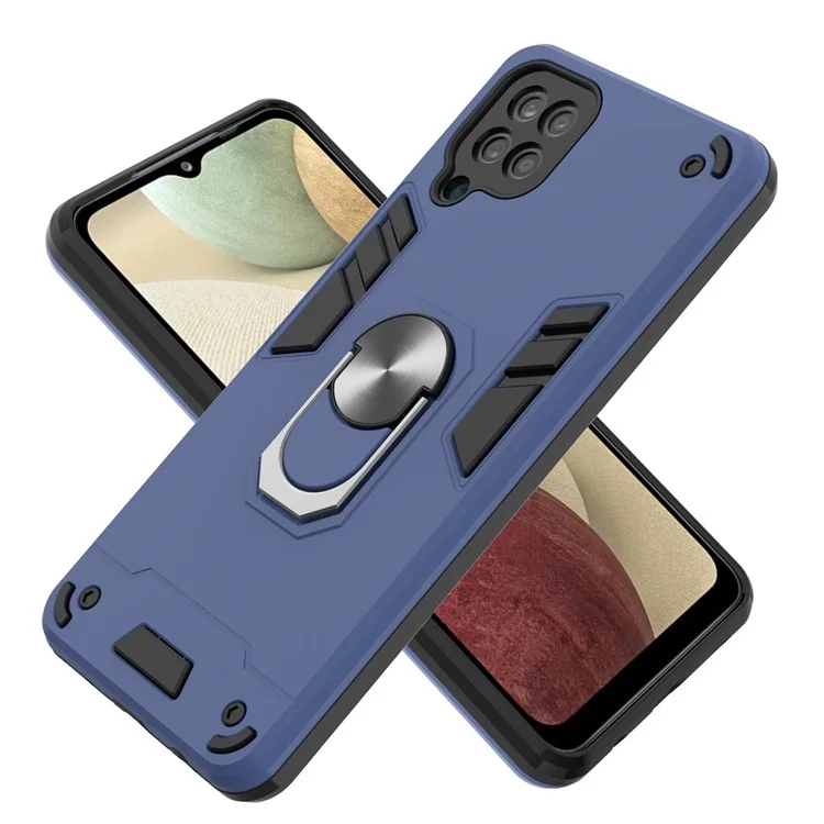 Military Grad Soft TPU + PC Material Hybrid Dual Layer Defender -hülle Mit Metallringhalter Für Samsung Galaxy A12 - Blau
