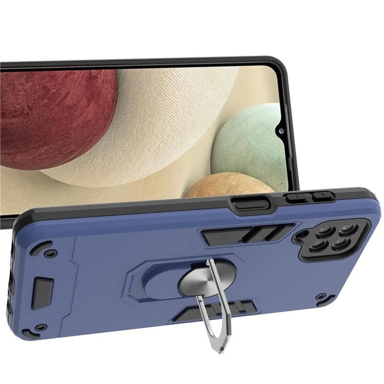 Military Grad Soft TPU + PC Material Hybrid Dual Layer Defender -hülle Mit Metallringhalter Für Samsung Galaxy A12 - Blau