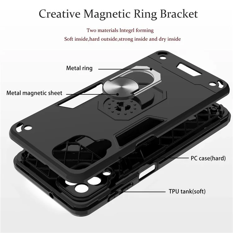 Military Grad Soft TPU + PC Material Hybrid Dual Layer Defender -hülle Mit Metallringhalter Für Samsung Galaxy A12 - Blau