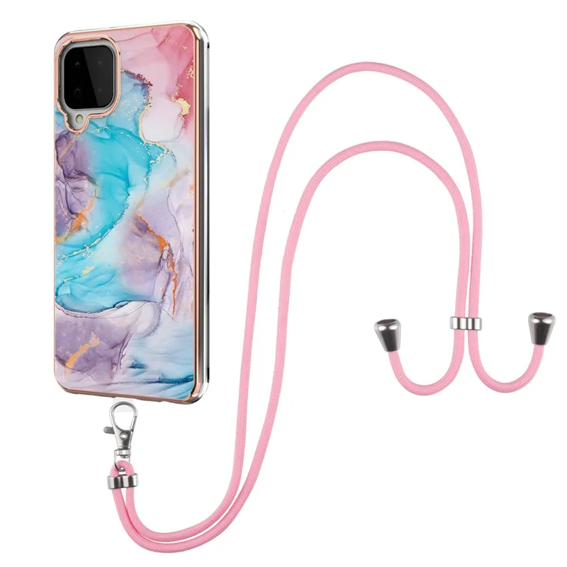 Anti-Scratch IMD IML Marble Flower Pattern Soft TPU Phone Case with Lanyard for Samsung Galaxy A22 4G (EU Version) - Galaxy/Marble/Blue