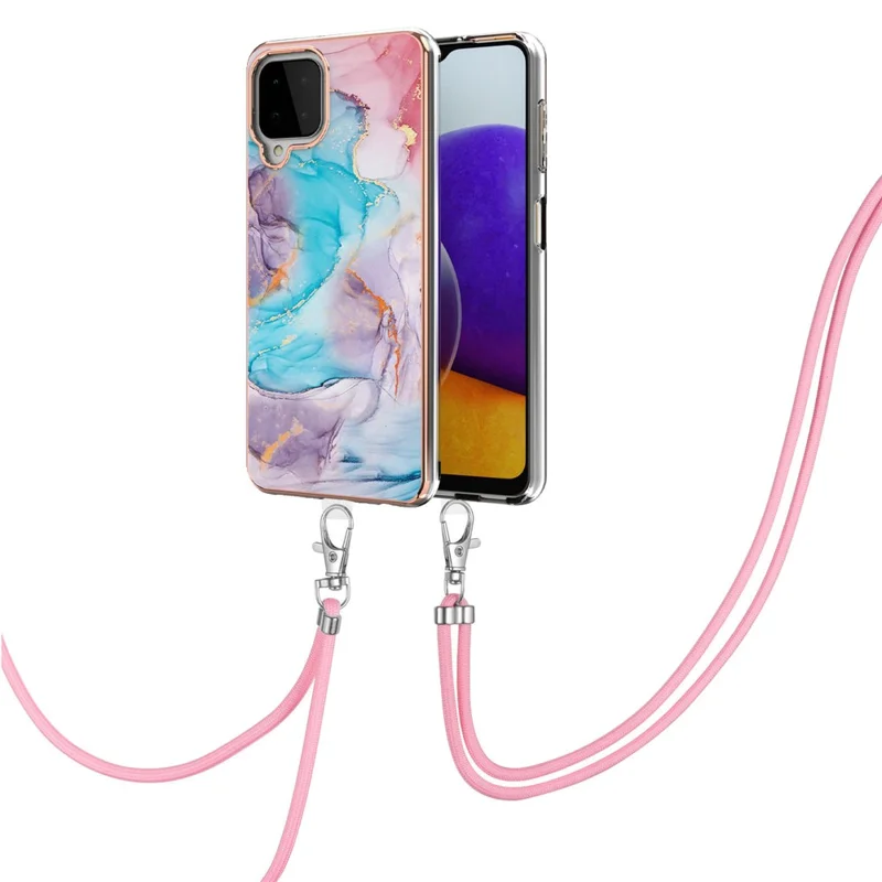 Anti-Scratch IMD IML Marble Flower Pattern Soft TPU Phone Case with Lanyard for Samsung Galaxy A22 4G (EU Version) - Galaxy/Marble/Blue