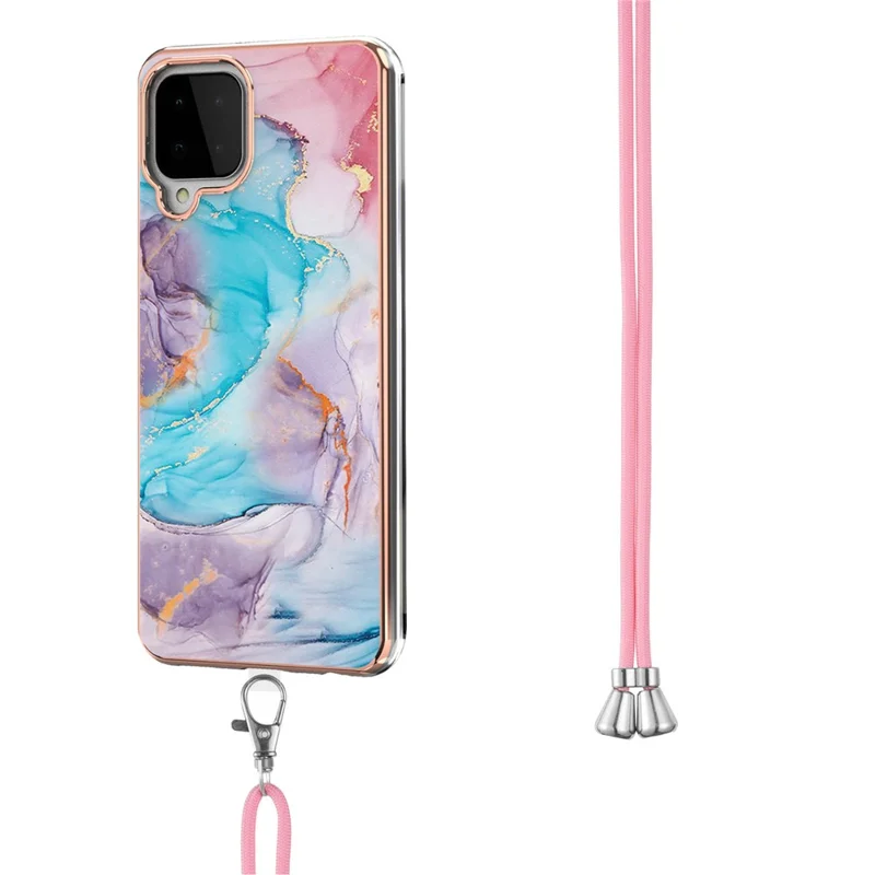 Anti-Scratch IMD IML Marble Flower Pattern Soft TPU Phone Case with Lanyard for Samsung Galaxy A22 4G (EU Version) - Galaxy/Marble/Blue