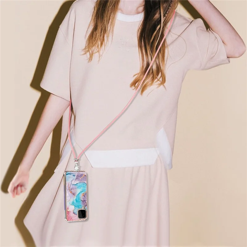 Anti-Scratch IMD IML Marble Flower Pattern Soft TPU Phone Case with Lanyard for Samsung Galaxy A22 4G (EU Version) - Galaxy/Marble/Blue