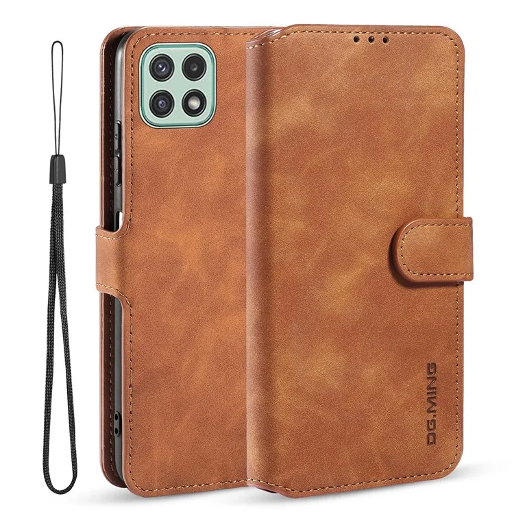 Dg. Ming Retro Style Leder Folio Flip Wallet Stand Cover Mit Riemen Für Samsung Galaxy A22 5G (EU -version) - Braun