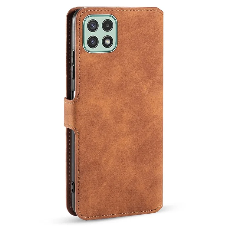 Дг. Ming Retro Style Leather Flio Flip Swellet Cover с Ремешком Для Samsung Galaxy A22 5G (версия Ес) - Коричневый