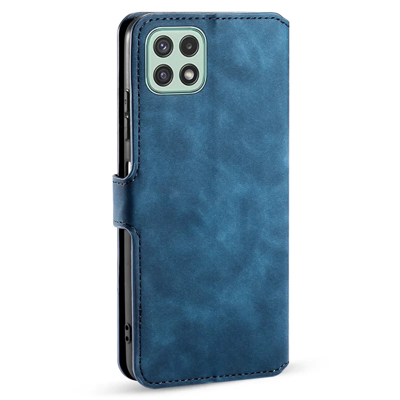 DG.MING Retro Style Leather Folio Flip Wallet Stand Cover with Strap for Samsung Galaxy A22 5G (EU Version) - Blue