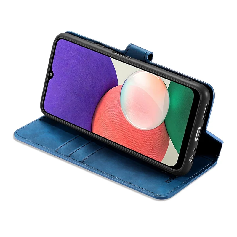 DG.MING Retro Style Leather Folio Flip Wallet Stand Cover with Strap for Samsung Galaxy A22 5G (EU Version) - Blue