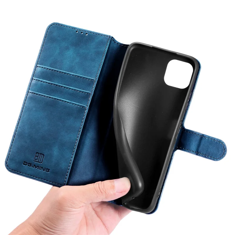 DG.MING Retro Style Leather Folio Flip Wallet Stand Cover with Strap for Samsung Galaxy A22 5G (EU Version) - Blue