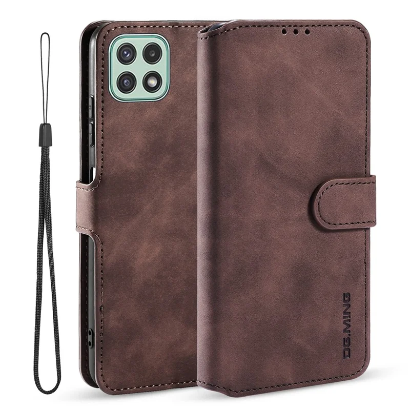 DG.MING Retro Style Leather Folio Flip Wallet Stand Cover with Strap for Samsung Galaxy A22 5G (EU Version) - Coffee