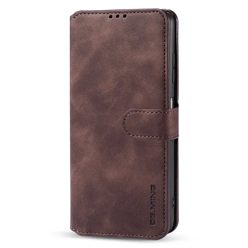 DG.MING Retro Style Leather Folio Flip Wallet Stand Cover with Strap for Samsung Galaxy A22 5G (EU Version) - Coffee