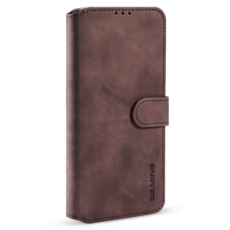 DG.MING Retro Style Leather Folio Flip Wallet Stand Cover with Strap for Samsung Galaxy A22 5G (EU Version) - Coffee