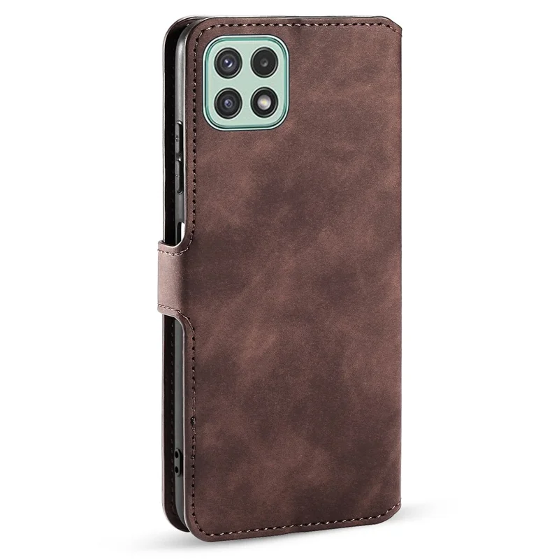 DG.MING Retro Style Leather Folio Flip Wallet Stand Cover with Strap for Samsung Galaxy A22 5G (EU Version) - Coffee