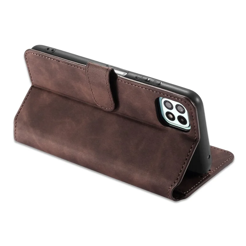 DG.MING Retro Style Leather Folio Flip Wallet Stand Cover with Strap for Samsung Galaxy A22 5G (EU Version) - Coffee