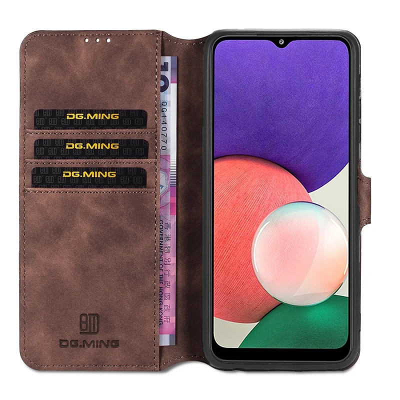 DG.MING Retro Style Leather Folio Flip Wallet Stand Cover with Strap for Samsung Galaxy A22 5G (EU Version) - Coffee