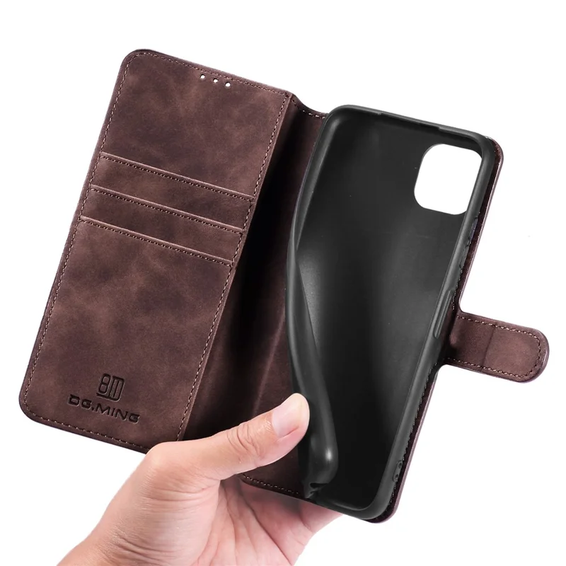 DG.MING Retro Style Leather Folio Flip Wallet Stand Cover with Strap for Samsung Galaxy A22 5G (EU Version) - Coffee