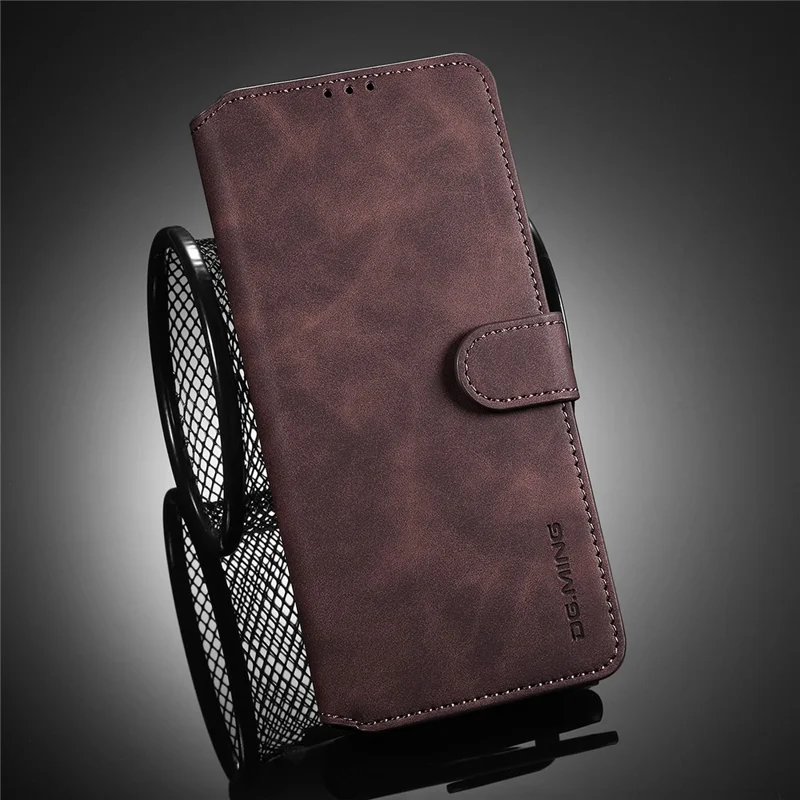 DG.MING Retro Style Leather Folio Flip Wallet Stand Cover with Strap for Samsung Galaxy A22 5G (EU Version) - Coffee