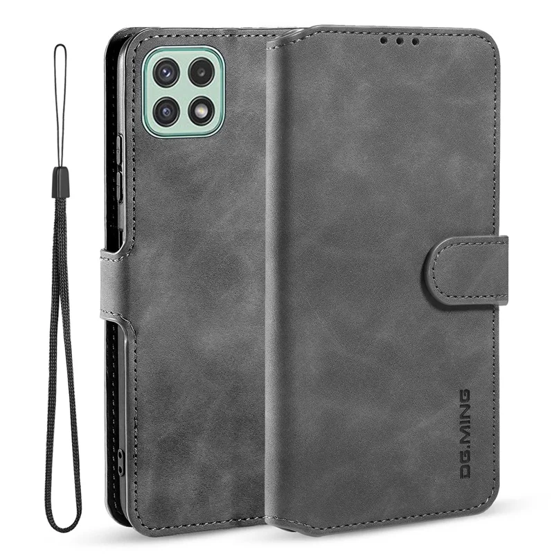 DG.MING Retro Style Leather Folio Flip Wallet Stand Cover with Strap for Samsung Galaxy A22 5G (EU Version) - Grey