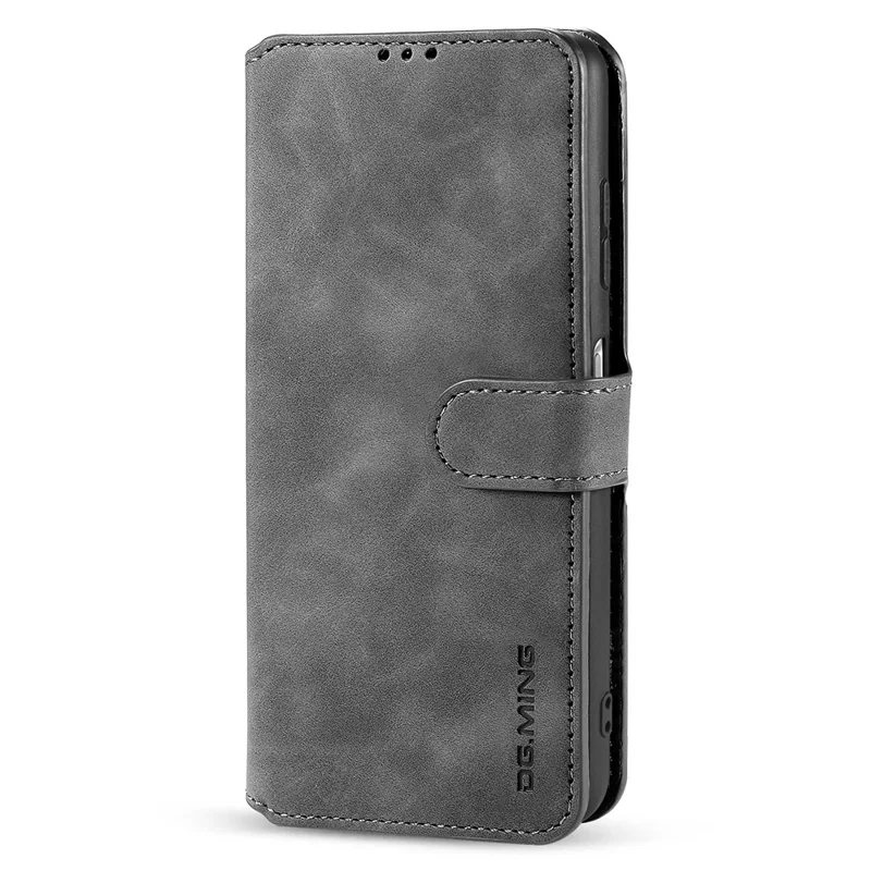 DG.MING Retro Style Leather Folio Flip Wallet Stand Cover with Strap for Samsung Galaxy A22 5G (EU Version) - Grey