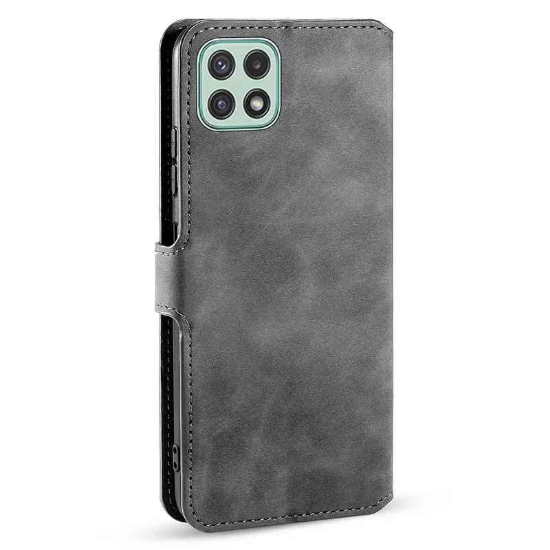 DG.MING Retro Style Leather Folio Flip Wallet Stand Cover with Strap for Samsung Galaxy A22 5G (EU Version) - Grey