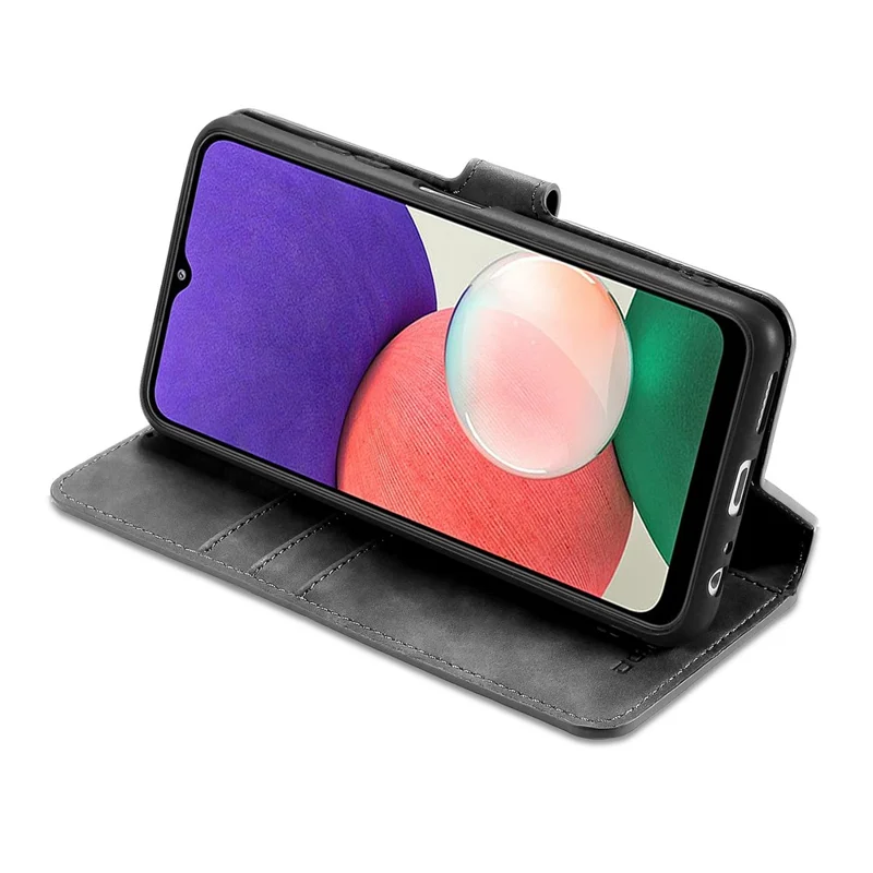 DG.MING Retro Style Leather Folio Flip Wallet Stand Cover with Strap for Samsung Galaxy A22 5G (EU Version) - Grey