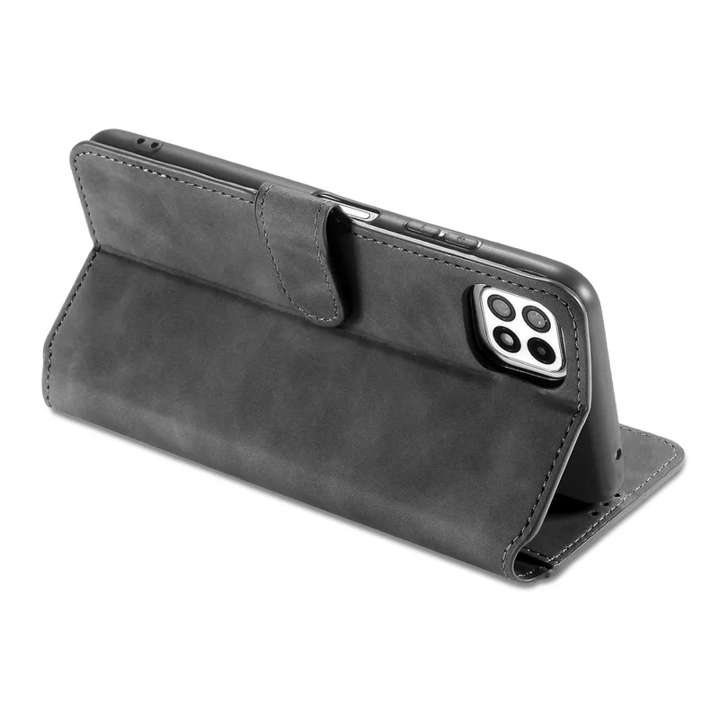 DG.MING Retro Style Leather Folio Flip Wallet Stand Cover with Strap for Samsung Galaxy A22 5G (EU Version) - Grey