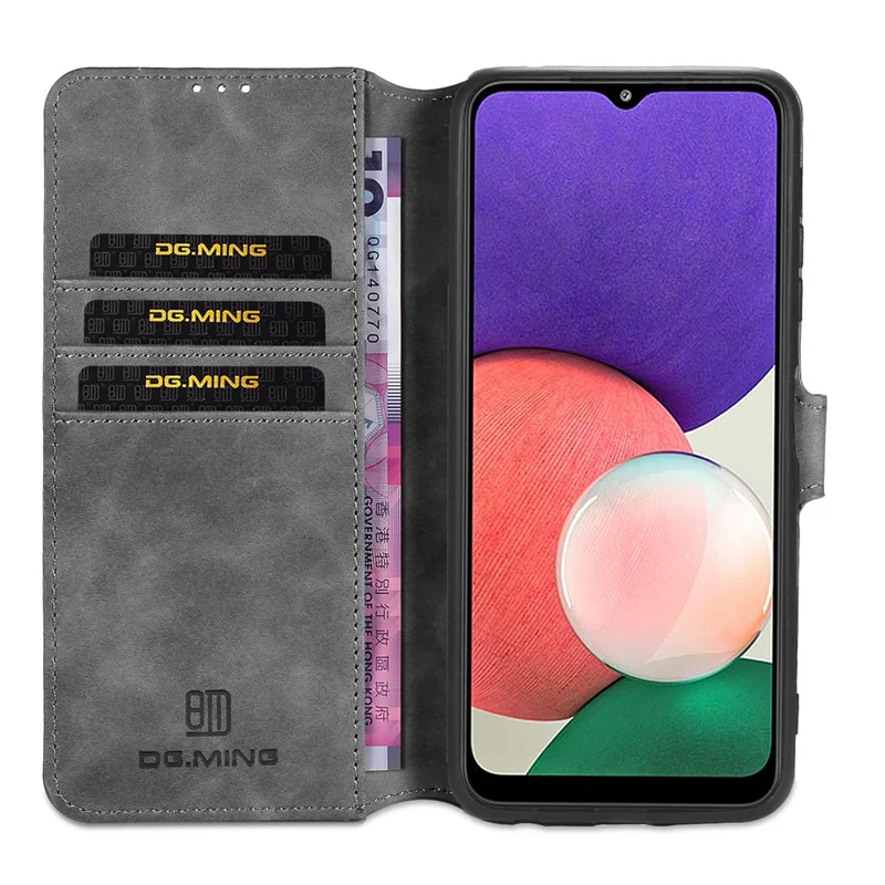 DG.MING Retro Style Leather Folio Flip Wallet Stand Cover with Strap for Samsung Galaxy A22 5G (EU Version) - Grey