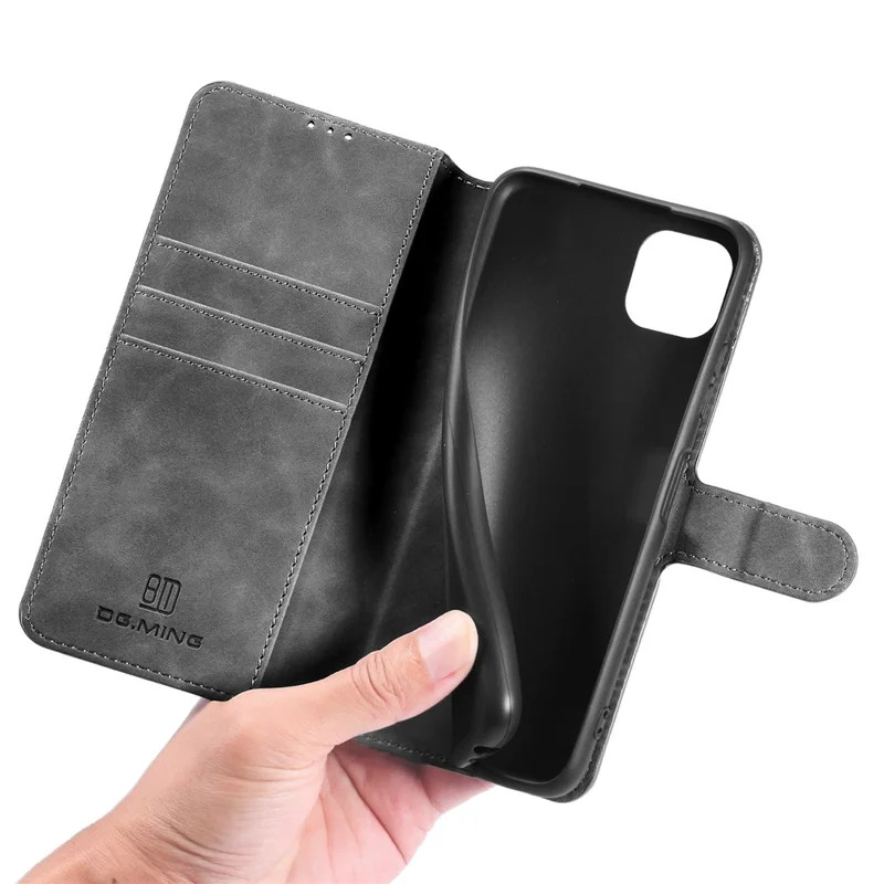 DG.MING Retro Style Leather Folio Flip Wallet Stand Cover with Strap for Samsung Galaxy A22 5G (EU Version) - Grey