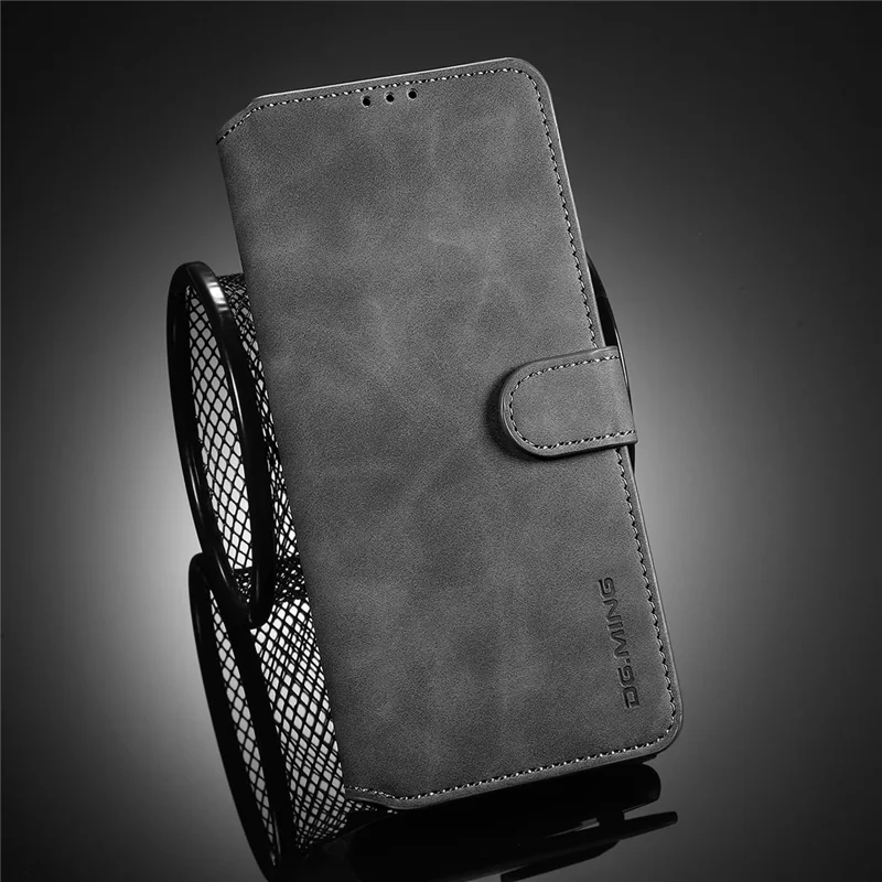 DG.MING Retro Style Leather Folio Flip Wallet Stand Cover with Strap for Samsung Galaxy A22 5G (EU Version) - Grey