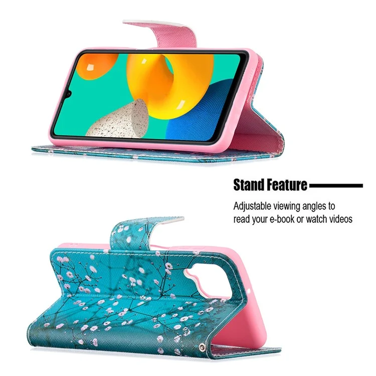 Support de Support Modèle D'impression PU en Cuir en Cuir en Cuir PU Magnétique Couvre-porte-sacs à Bandoulière Pour Samsung Galaxy M32 (version Globale) - Fleur de Prune
