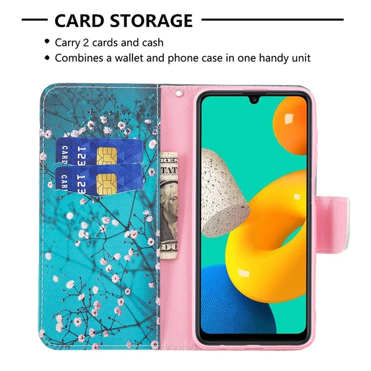 Support de Support Modèle D'impression PU en Cuir en Cuir en Cuir PU Magnétique Couvre-porte-sacs à Bandoulière Pour Samsung Galaxy M32 (version Globale) - Fleur de Prune