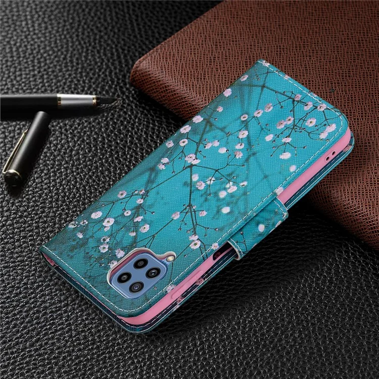 Support de Support Modèle D'impression PU en Cuir en Cuir en Cuir PU Magnétique Couvre-porte-sacs à Bandoulière Pour Samsung Galaxy M32 (version Globale) - Fleur de Prune
