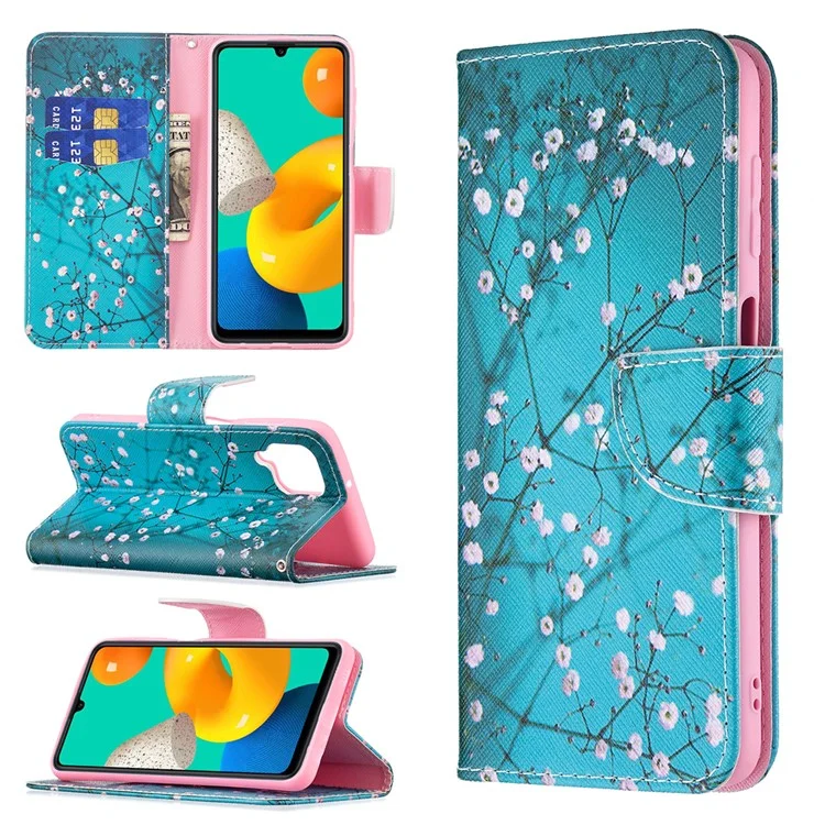 Support de Support Modèle D'impression PU en Cuir en Cuir en Cuir PU Magnétique Couvre-porte-sacs à Bandoulière Pour Samsung Galaxy M32 (version Globale) - Fleur de Prune
