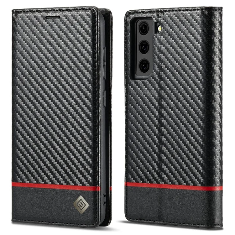 LC.IMEEKE Leather Case Carbon Fiber Pattern Phone Cover with Wallet Design for Samsung Galaxy S21 FE - Style 1
