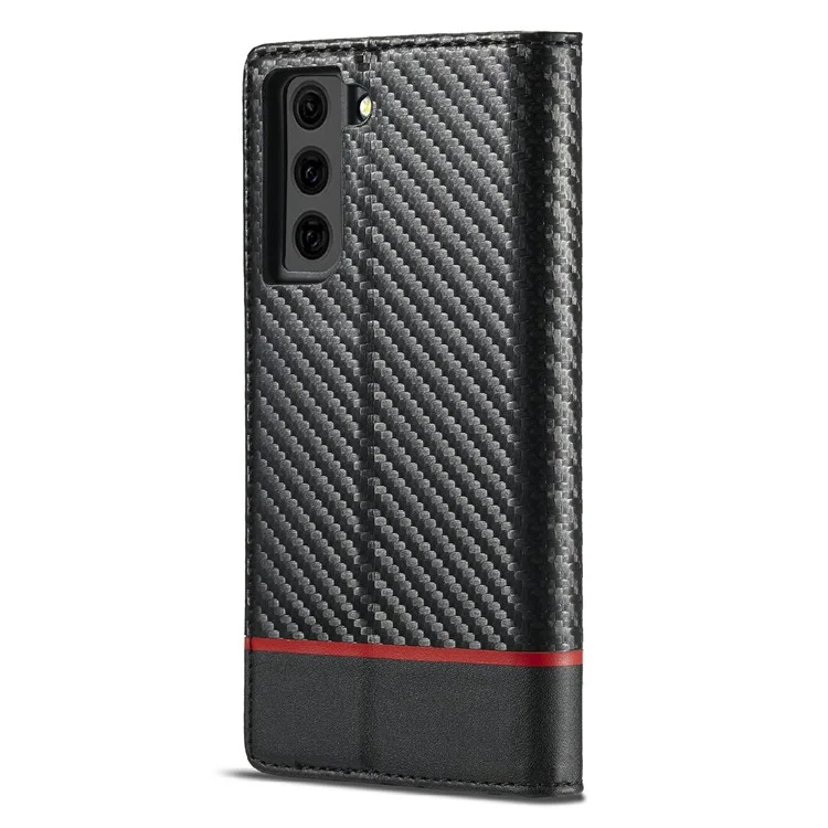 LC.IMEEKE Leather Case Carbon Fiber Pattern Phone Cover with Wallet Design for Samsung Galaxy S21 FE - Style 1
