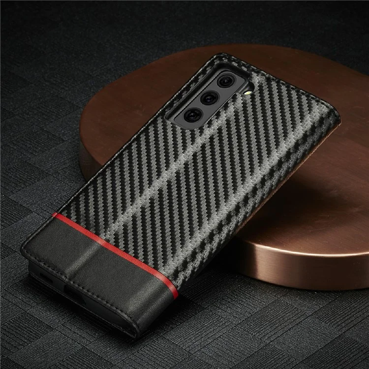 LC.IMEEKE Leather Case Carbon Fiber Pattern Phone Cover with Wallet Design for Samsung Galaxy S21 FE - Style 1